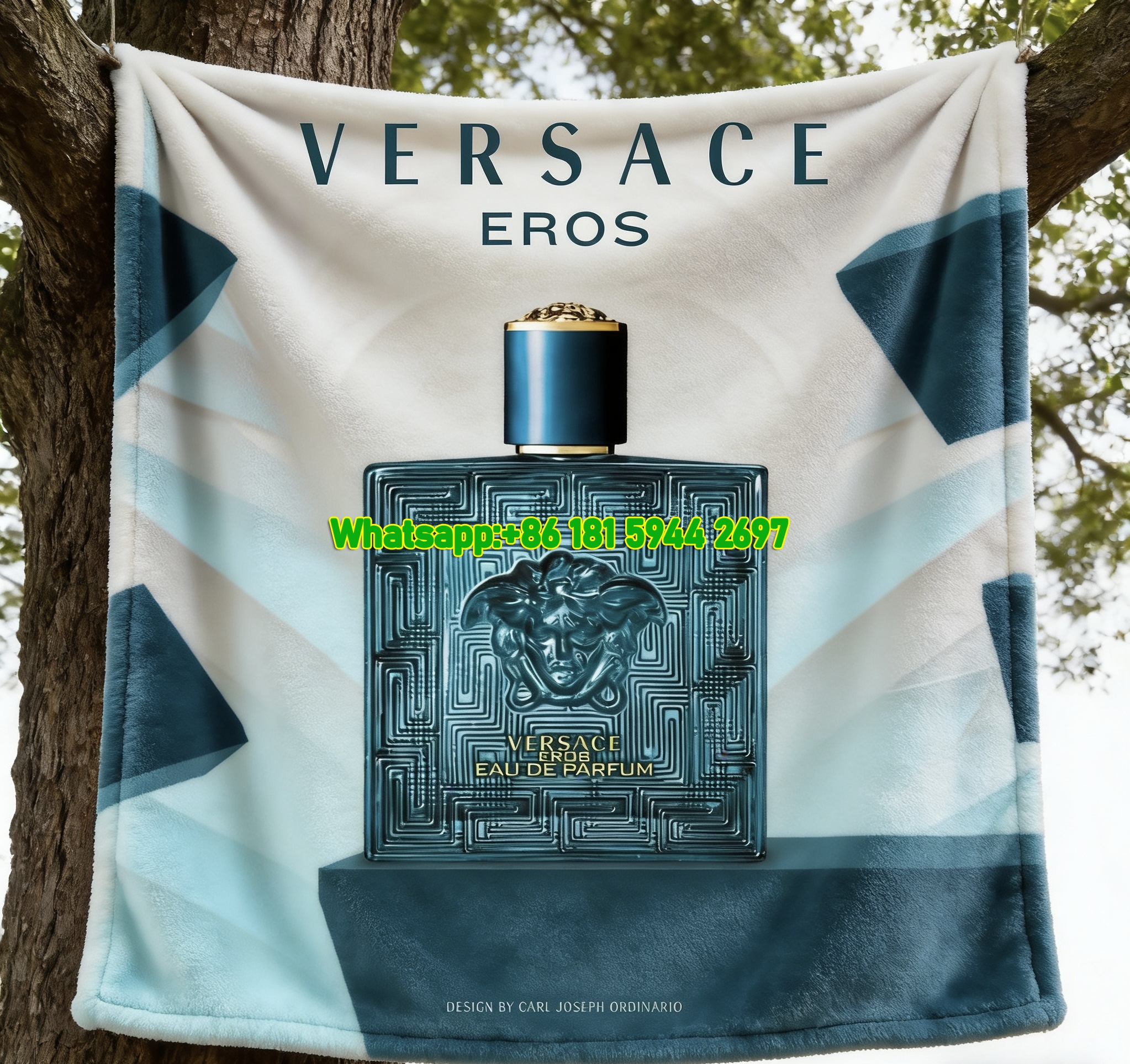 Versace Eros Eau de Parfum Bottle Print Flannel Throw Blanket in Teal Blue and Turquoise IMG_1593